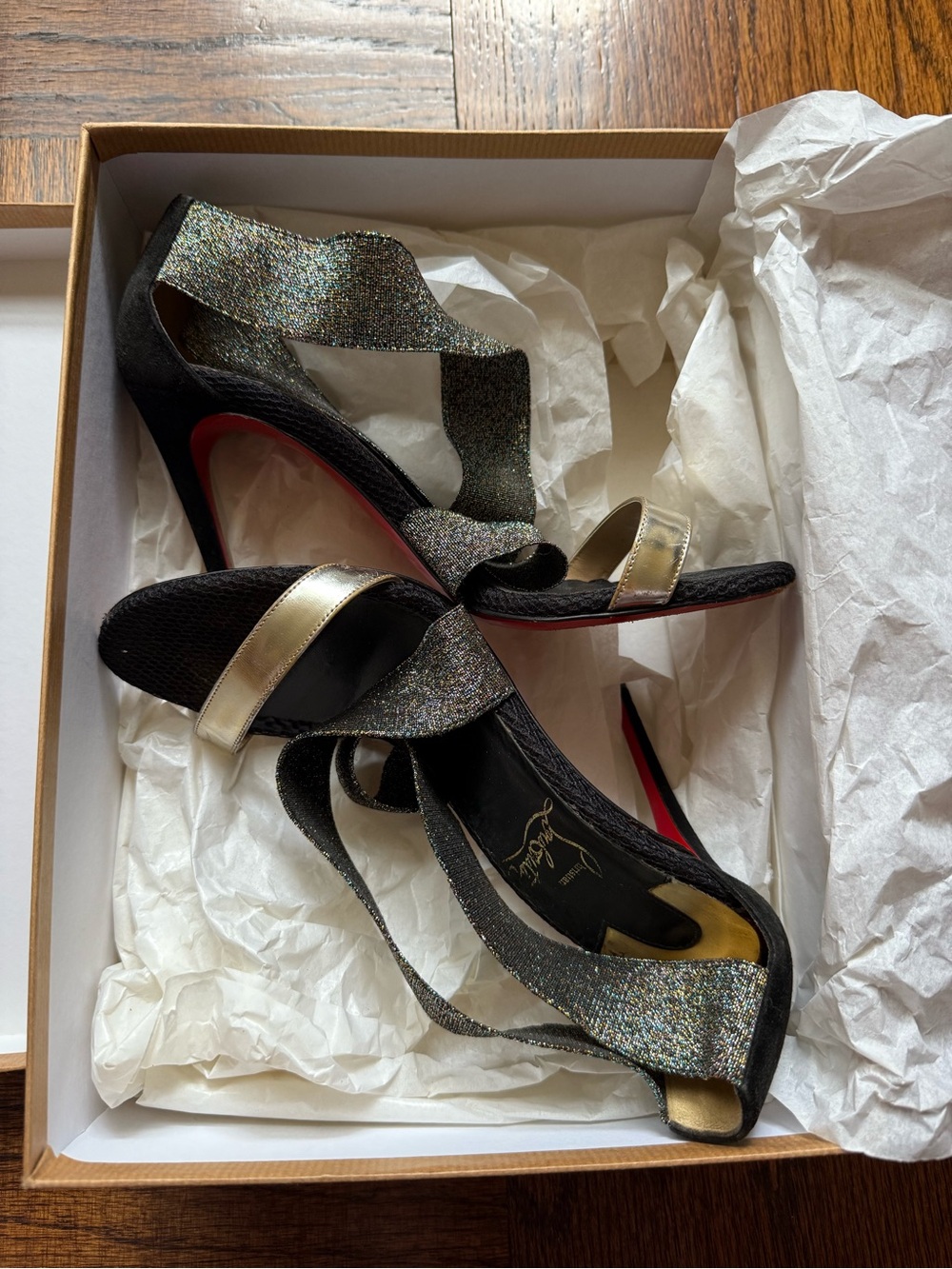 Christian Louboutin Black Glitter and Gold Strap Heels